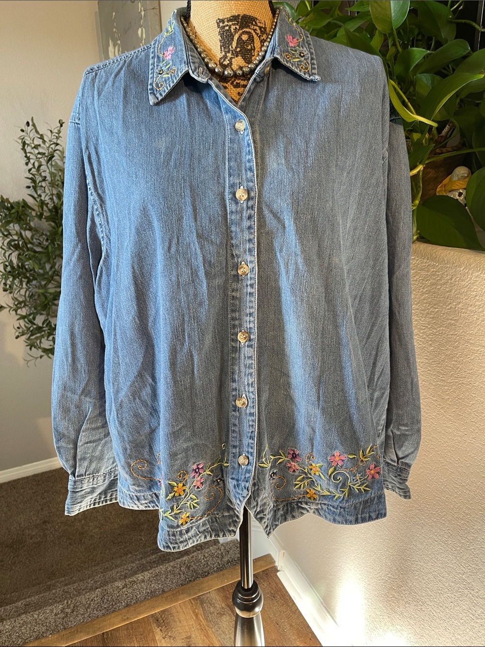 bill blass Light Blue Denim Button-Down with Floral Embroidery